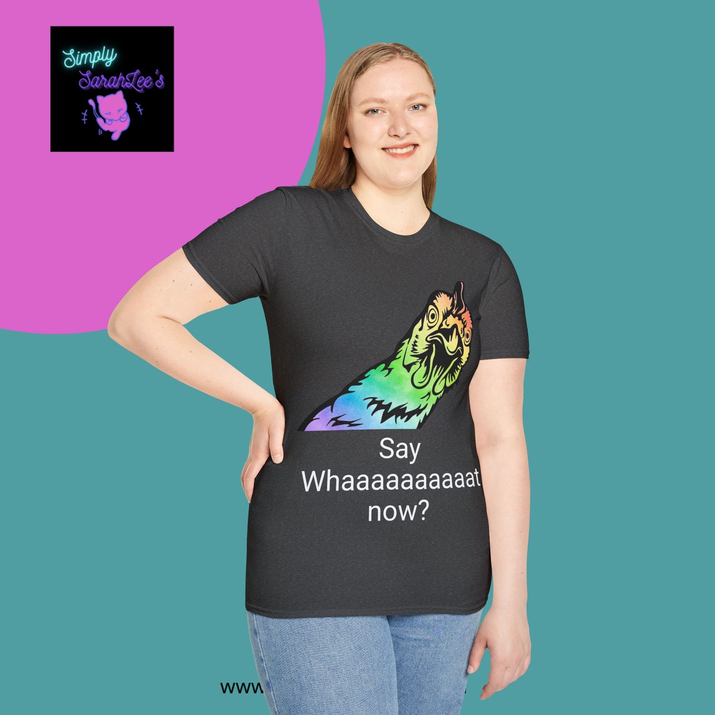 Rainbow Chicken Say What now? Unisex Softstyle T-Shirt for Teens and Adults