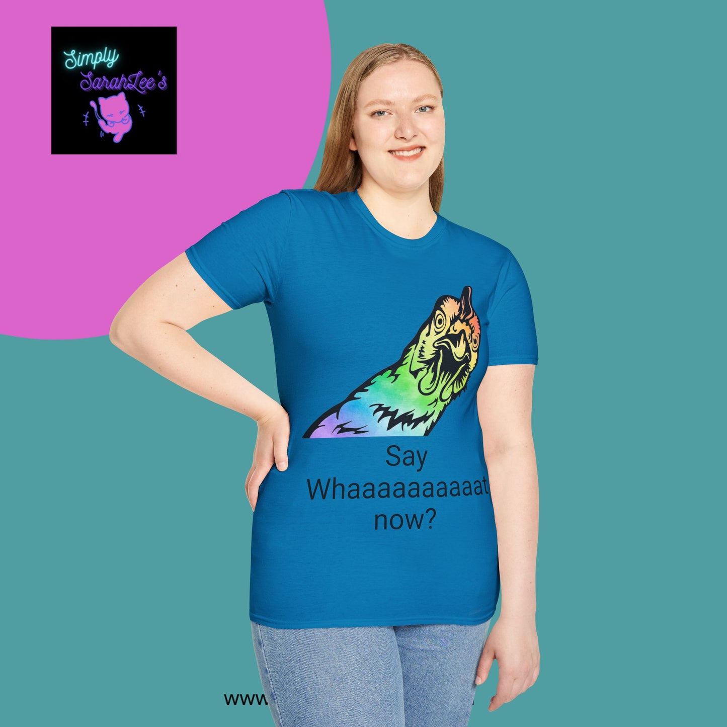 Rainbow Chicken Say What now? Unisex Softstyle T-Shirt for Teens and Adults