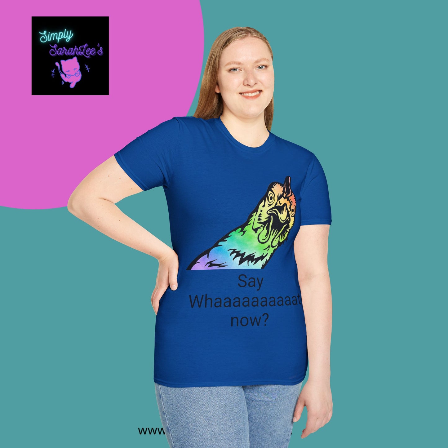 Rainbow Chicken Say What now? Unisex Softstyle T-Shirt for Teens and Adults
