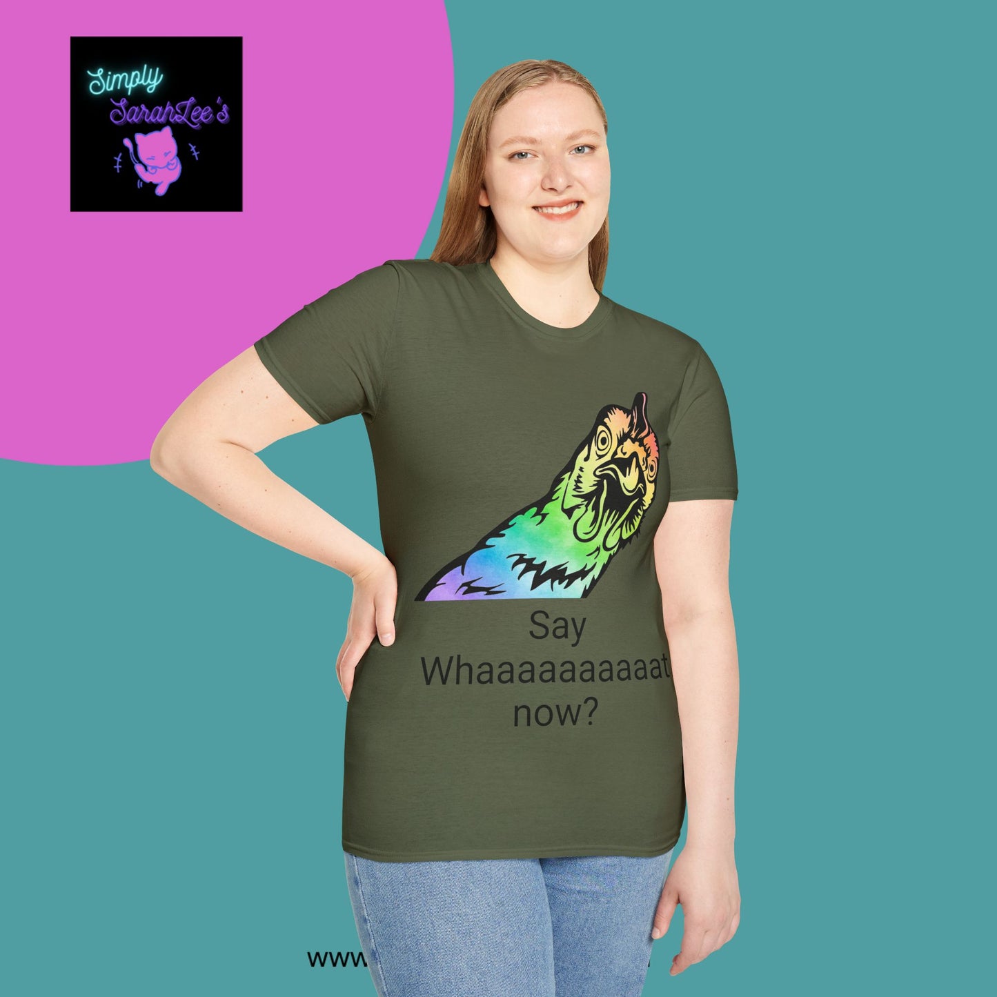Rainbow Chicken Say What now? Unisex Softstyle T-Shirt for Teens and Adults