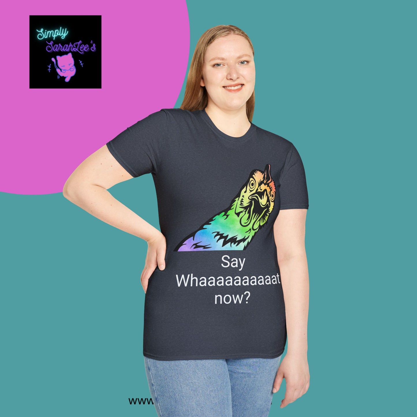 Rainbow Chicken Say What now? Unisex Softstyle T-Shirt for Teens and Adults