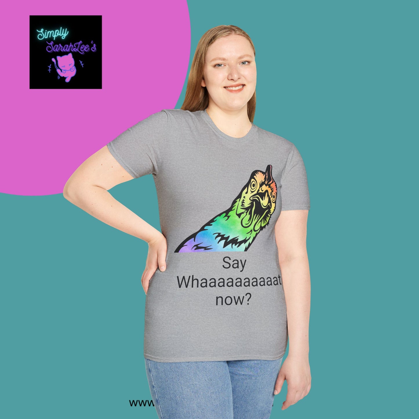 Rainbow Chicken Say What now? Unisex Softstyle T-Shirt for Teens and Adults