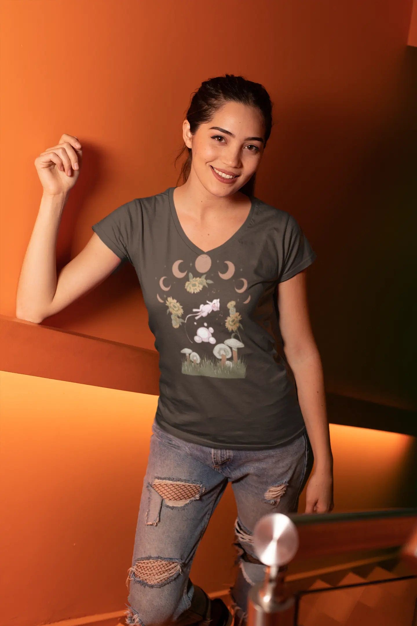 Cottagecore Mew Botanical Unisex Jersey Short Sleeve V-Neck T-shirt Deep Heather