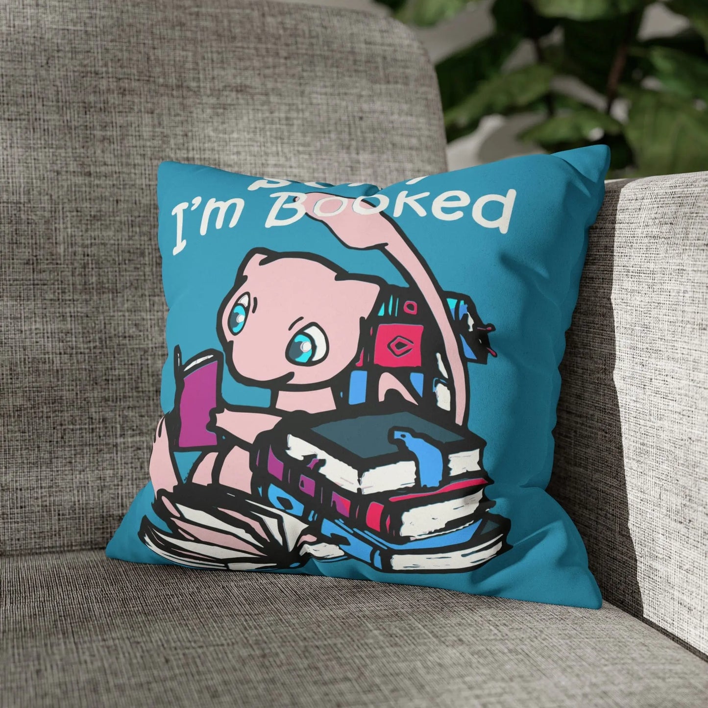 Mew Pokemon Sorry I'm Booked Faux Suede Square Pillow Case in blue