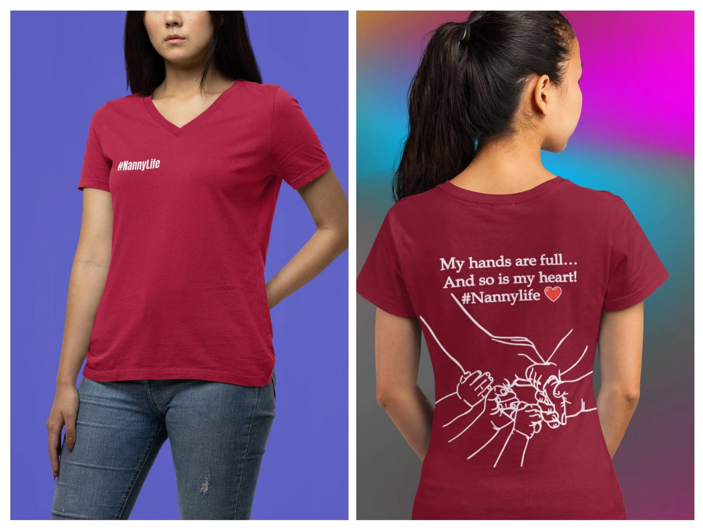 Nanny Life Hands are so Full, So is my Heart Front and Back Unisex Jersey Short Sleeve V-Neck Tee