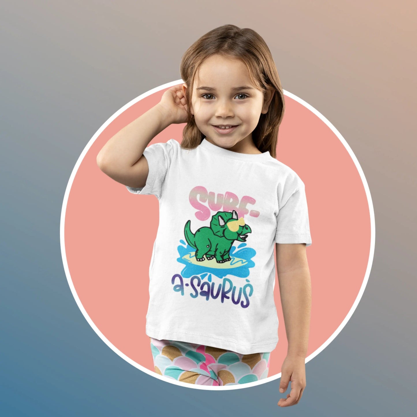 Surf A Saurus Dino Sufing Kids Heavy Cotton Tee White