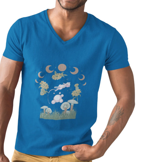 Cottagecore Mew Botanical Unisex Jersey Short Sleeve V-Neck T-shirt Heather True Royal