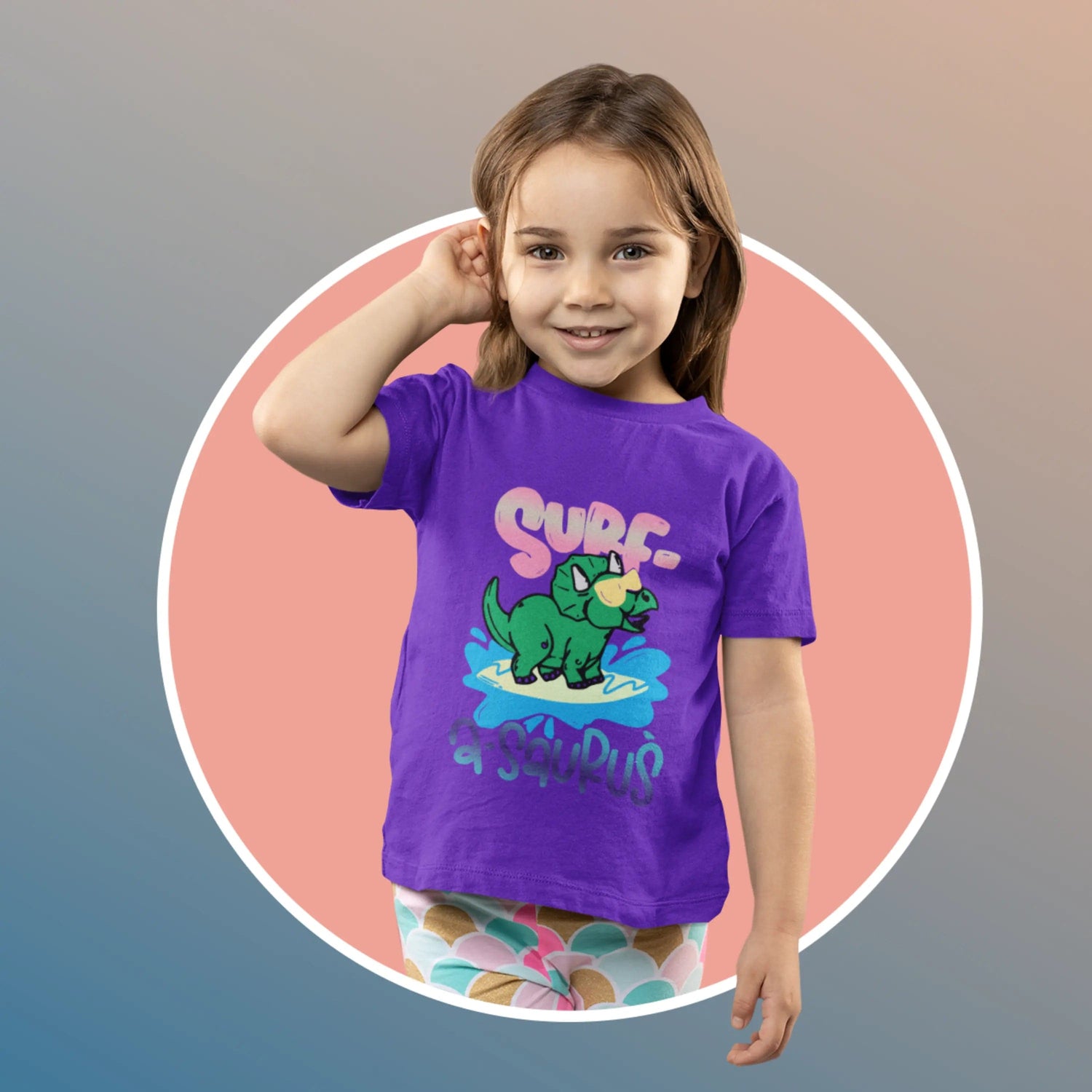 Surf A Saurus Dino Sufing Kids Heavy Cotton Tee Purple