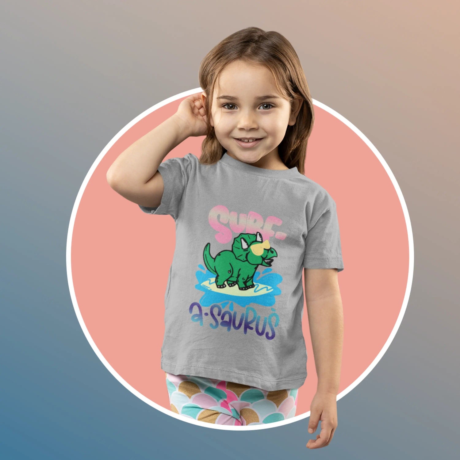 Surf A Saurus Dino Sufing Kids Heavy Cotton Tee Sport Grey