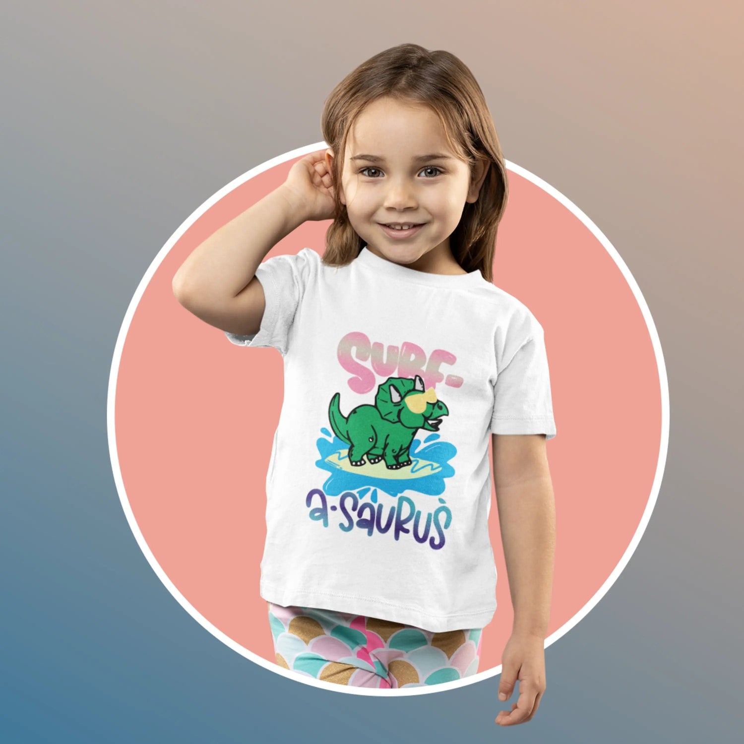 Surf A Saurus Dino Sufing Kids Heavy Cotton Tee White