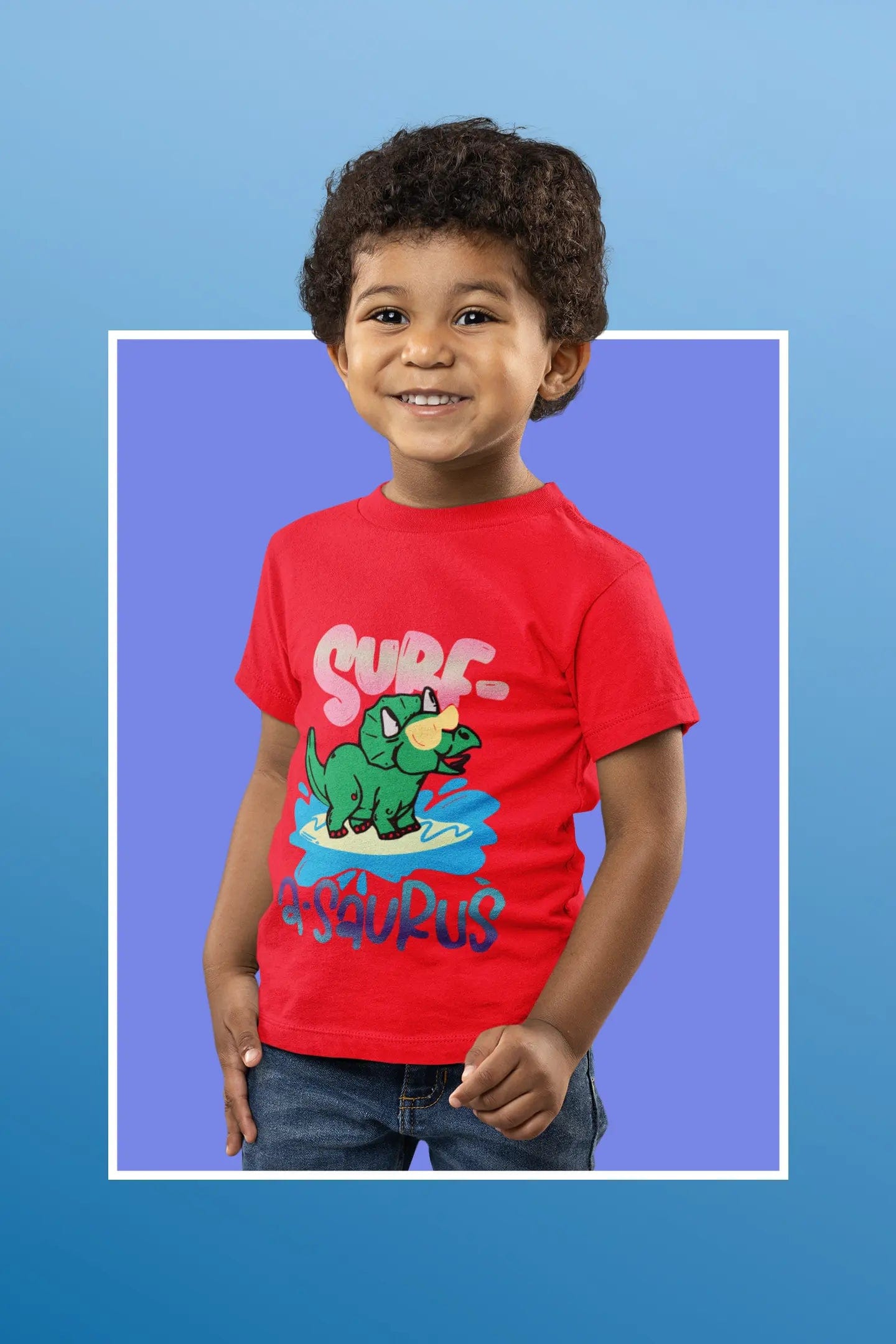 Surf A Saurus Dino Sufing Kids Heavy Cotton Tee Red