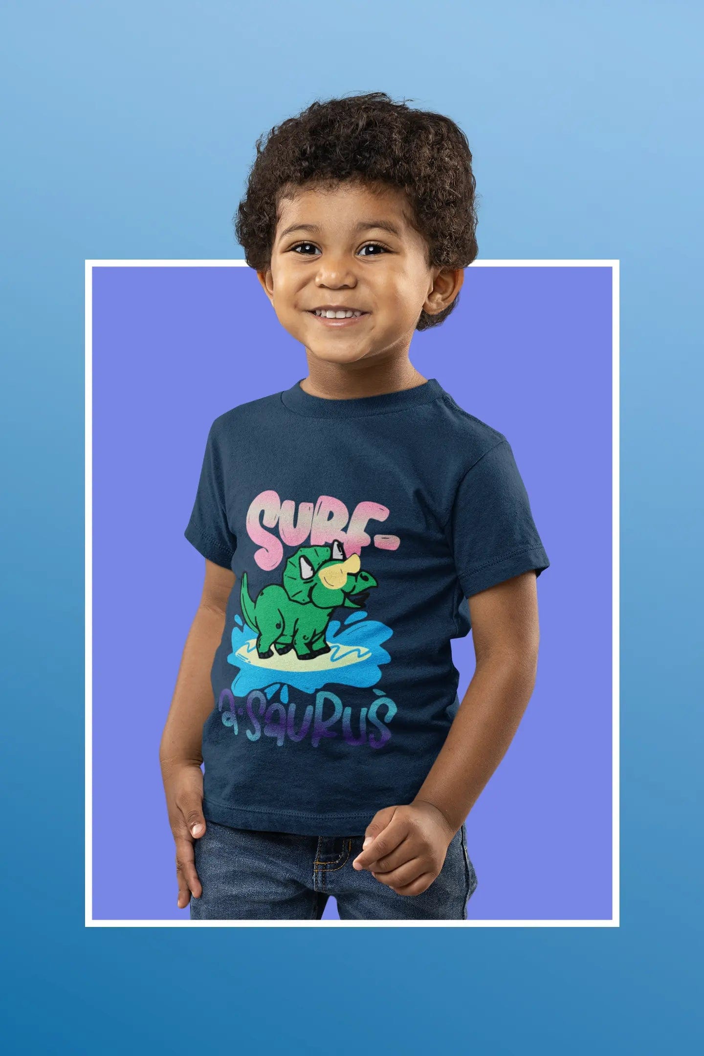 Surf A Saurus Dino Sufing Kids Heavy Cotton Tee Navy