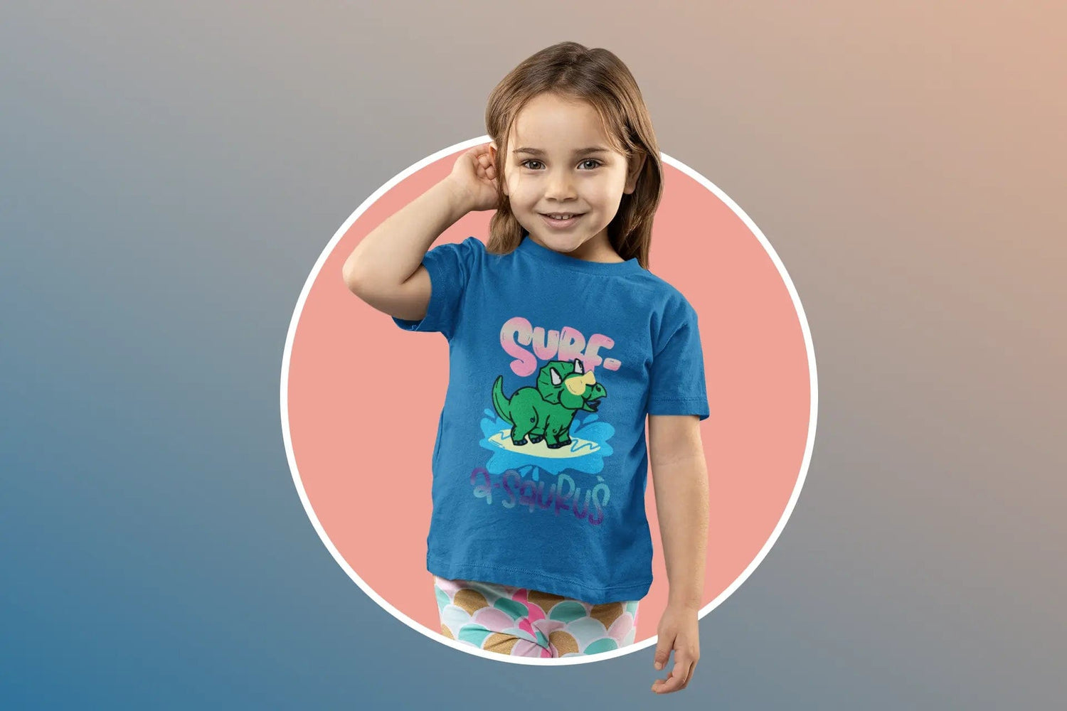 Surf A Saurus Dino Sufing Kids Heavy Cotton Tee Royal